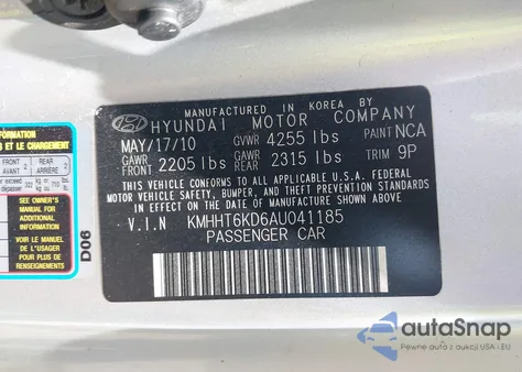 2010 Hyundai Genesis 2.0T Premium из США, поврежденный, VIN KMHHT6KD6AU041185